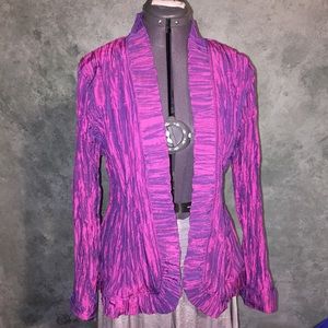 Chico’s Iridescent fuchsia jacket with ruffle.